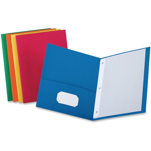 Oxford Letter Recycled Pocket Folder - 8 1/2" x 11" - 3 Fastener(s) - 1/2" Fastener Capacity for Folder - 2 Inside Front & Back Pocket(s) - Leatherette - Blue, Green, Yellow, Orange, Red - 10% Recycled - 25 / Box
