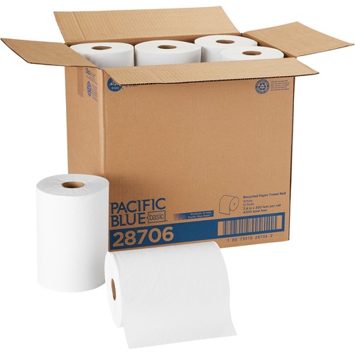 Pacific Blue Basic Paper Roll Towel - 1 Ply - 7.87" x 350 ft - White - 12 / Carton