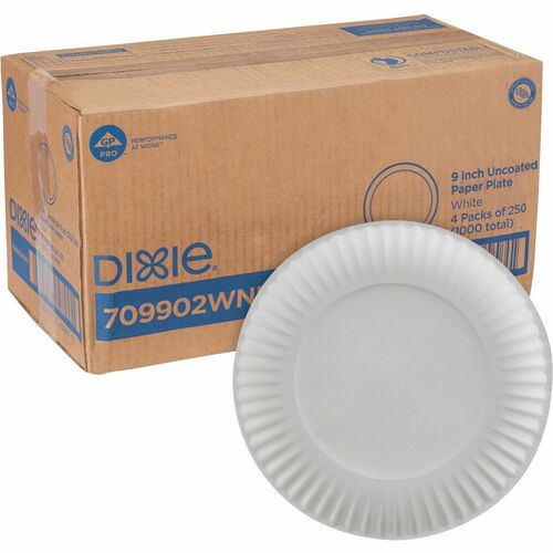 Dixie 9" Uncoated Paper Plates by GP Pro - 250 / Pack - 9" Diameter - White - 4 / Carton