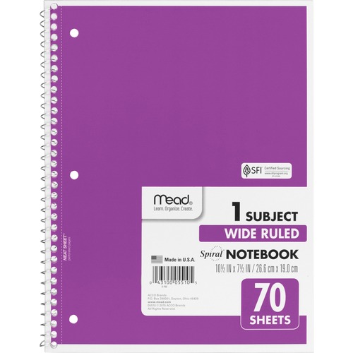 Mead Wide Ruled 1-Subject Notebook - 70 Sheets - Spiral - Wide Ruled Front Ruling - 8" x 10 1/2" Sheet Size - White Paper - Assorted Cover - Hole-punched, Micro Perforated - 1 Each