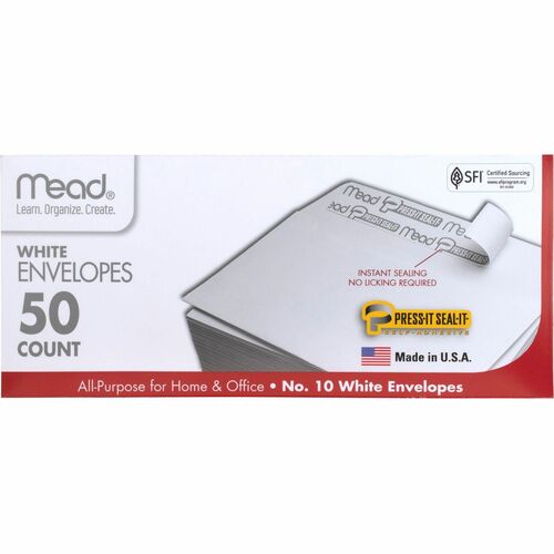 Mead Plain White Self-Seal Business Envelopes - Business - #10 - 4 1/8" Width x 9 1/2" Length - Self-sealing - 50 / Box - White