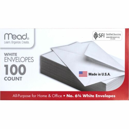 Mead Plain White Envelopes - Business - #6 3/4 - 3 5/8" Width x 6 1/2" Length Diameter - Gummed - White - 100 / Box