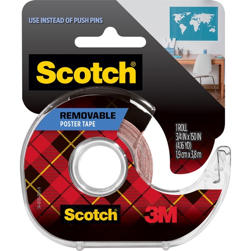 Scotch Removable Poster Tape - 12.50 ft Length x 0.75" Width - 1" Core - Synthetic - Dispenser Included - Handheld Dispenser - 1 / Roll - Clear