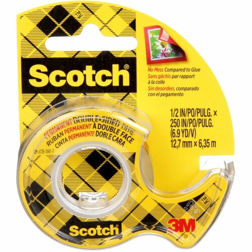 Scotch Double-Sided Tape - 20.83 ft Length x 0.50" Width - 1" Core - Acrylate - 3 mil - Permanent Adhesive Backing - Dispenser Included - Handheld Dispenser - 1 / Roll - Clear