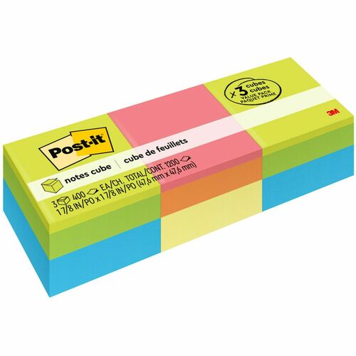 Post-it® Notes Cube - 1200 - 2" Flag/Note Width x 2" Flag/Note Length - Square - 400 Sheets per Pad - Unruled - Acid Lime, Limeade, Blue Paradise, Guava, Vital Orange, Canary Yellow - Paper - Repositionable, Self-adhesive - 3 / Pack