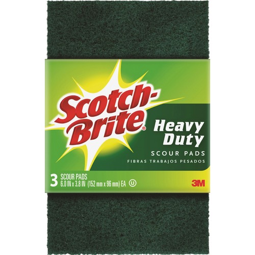 Scotch-Brite -Brite Heavy Duty Scour Pads - 0.9" Height x 6.3" Width x 3.9" Depth - 3 / Pack - Synthetic Fiber - Green