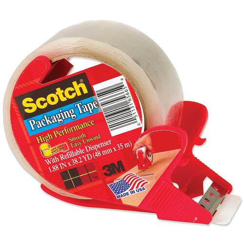 Scotch High Performance Packaging Tape - 54.68 yd Length x 1.88" Width - 3" Core - Clear - 2.95 mil - Rubber Resin Backing - Dispenser Included - Split Resistant, Moisture Resistant - For Packing - 1 Roll