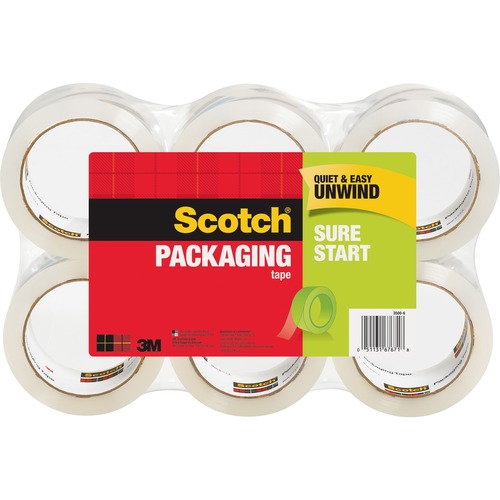 Scotch Sure Start Packaging Tape - 54.60 yd Length x 1.88" Width - 2.6 mil Thickness - 3" Core - Synthetic Rubber Resin - 2.95 mil - Sliver Resistant, Moisture Resistant, Split Resistant - For Sealing, Mailing, Packing, Moving - 6 / Pack - Clear