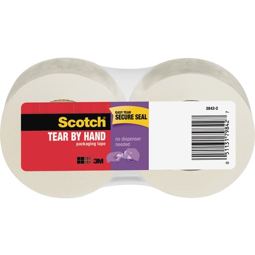 Scotch Tear-By-Hand Mailing Packaging Tape - 50 yd Length x 1.88" Width - 2.8 mil Thickness - 1.50" Core - Synthetic Rubber Resin - 2.80 mil - Rubber Resin Backing - Split Resistant, Moisture Resistant - For Sealing, Mailing, Moving, Packing - 2 / Pack - 