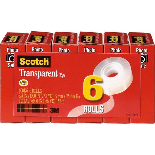 Scotch Transparent Tape - 3/4"W - 27.78 yd Length x 0.75" Width - 1" Core - Moisture Resistant, Stain Resistant, Long Lasting - For Mending, Packing, Multipurpose, Wrapping, Label Protection - 6 / Pack - Clear
