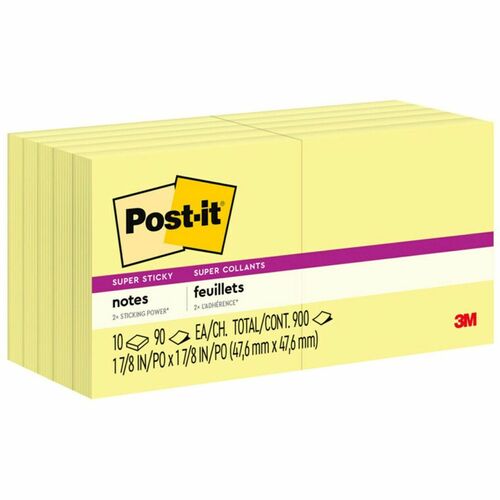 Post-itÂ® Super Sticky Adhesive Notes - 900 - 2" x 2" - Square - 90 Sheets per Pad - Unruled - Canary Yellow - Paper - Self-adhesive - 10 / Pack
