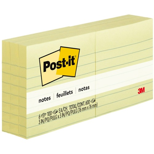 Post-it® Notes Original Lined Notepads - 600 x Canary Yellow - 3" x 3" - Square - 100 Sheets per Pad - Ruled - Canary Yellow - Paper - Self-adhesive, Repositionable, Removable - 6 / Pack