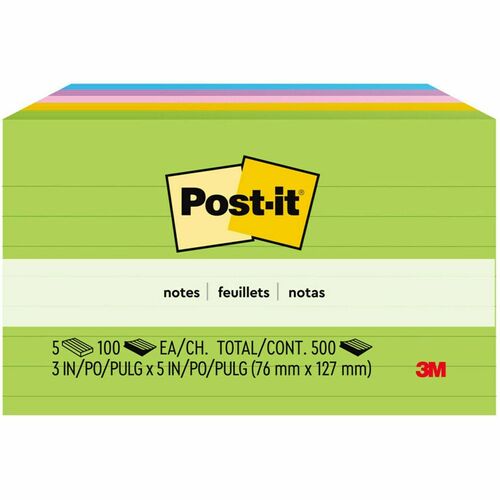 Post-it® Notes Original Lined Notepads - Floral Fantasy Color Collection - 500 - 3" x 5" - Rectangle - 100 Sheets per Pad - Ruled - Limeade, Citron, Positively Pink, Iris Infusion, Blue Paradise - Paper - Self-adhesive, Repositionable - 5 / Pack