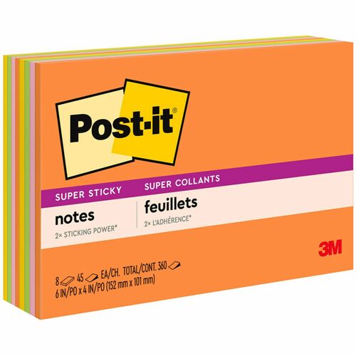 Post-it® Super Stick Notes - Energy Boost Color Collection - 360 - 6" Flag/Note Width x 4" Flag/Note Length - Rectangle - 45 Sheets per Pad - Unruled - Vital Orange, Limeade, Tropical Pink, Sunnyside - Paper - Self-adhesive - 8 / Pack