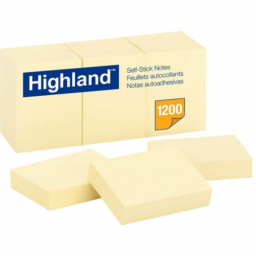 Highland Self-Sticking Notepads - 1200 - 1.50" x 2" - Rectangle - 100 Sheets per Pad - Unruled - Yellow - Paper - Self-adhesive, Repositionable - 12 / Pack - Adhesive Note Pads - MMM653936