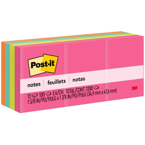 Post-it® Notes Original Notepads - Poptimistic Color Collection - 1200 - 1 1/2" x 2" - Rectangle - 100 Sheets per Pad - Unruled - Power Pink, Acid Lime, Aqua Splash, Vital Orange - Paper - Self-adhesive, Repositionable - 12 / Pack