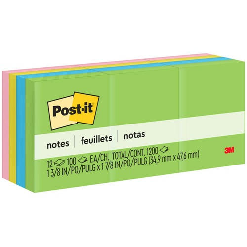 Post-it® Notes Original Notepads -Jaipur Color Collection - 1200 - 1.50" x 2" - Rectangle - 100 Sheets per Pad - Unruled - Assorted - Paper - Self-adhesive, Repositionable - 12 / Pack