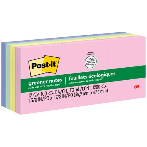 Post-it® Greener Notes - Helsinki Color Collection - 1200 - 1.50" x 2" - Rectangle - 100 Sheets per Pad - Unruled - Assorted - Paper - Self-adhesive, Repositionable - 12 / Pack