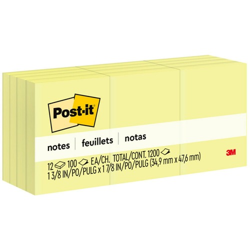 Post-it® Notes Original Notepads - 1.38" x 1.88" - Rectangle - 100 Sheets per Pad - Unruled - Canary Yellow - Paper - Self-adhesive, Repositionable - 12 / Pack