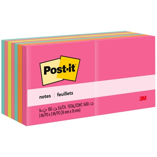 Post-it® Notes - Poptimistic Color Collection - 1400 - 3" x 3" - Square - 100 Sheets per Pad - Unruled - Power Pink, Vital Orange, Aqua Splash, Guava, Acid Lime, Neon Green - Paper - Self-adhesive, Repositionable - 14 / Pack
