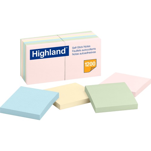 Highland Self-Sticking Notepads - 1200 - 3" Flag/Note Width x 3" Flag/Note Length - Square - 100 Sheets per Pad - Unruled - Assorted Pastel - Paper - Self-adhesive, Repositionable, Removable - 12 / Pack