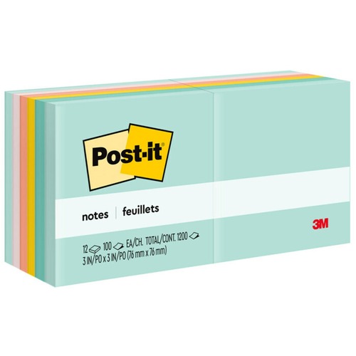 Post-it® Notes - Beachside Café Color Collection - 1200 - 3" x 3" - Square - 100 Sheets per Pad - Unruled - Fresh Mint, Aqua Splash, Sunnyside, Papaya Fizz, Guava - Paper - Self-adhesive, Repositionable - 12 / Pack