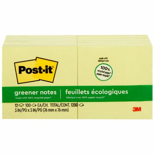 Post-it® Greener Notes - 1200 - 3" x 3" - Square - 100 Sheets per Pad - Unruled - Canary Yellow - Paper - Self-adhesive, Repositionable - 216 / Pack - Recycled