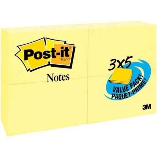 Post-it® Notes Value Pack - 100 - 3" x 5" - Rectangle - Unruled - Canary - Self-adhesive - 5 / Pack