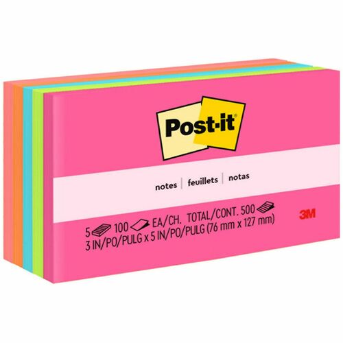 Post-it® Notes Original Notepads - Poptimistic Color Collection - 500 - 3" x 5" - Rectangle - 100 Sheets per Pad - Unruled - Power Pink, Acid Lime, Vital Orange, Aqua Splash, Guava - Paper - Self-adhesive, Repositionable - 5 / Pack