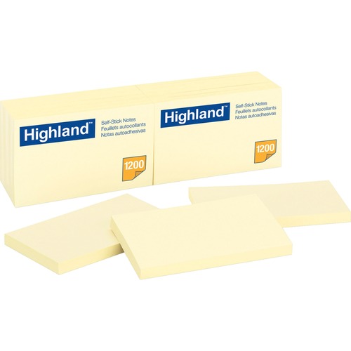 Highland Self-sticking Notepads - 1200 - 3" x 5" - Rectangle - 100 Sheets per Pad - Unruled - Yellow - Paper - Self-adhesive, Repositionable - 12 / Pack