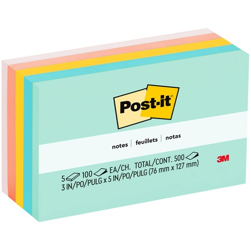 Post-it® Notes - Beachside Café Color Collection - 500 - 3" x 5" - Rectangle - 100 Sheets per Pad - Unruled - Fresh Mint, Aqua Splash, Pink, Papaya Fizz, Pink Salt - Paper - Self-adhesive, Repositionable - 5 / Pack