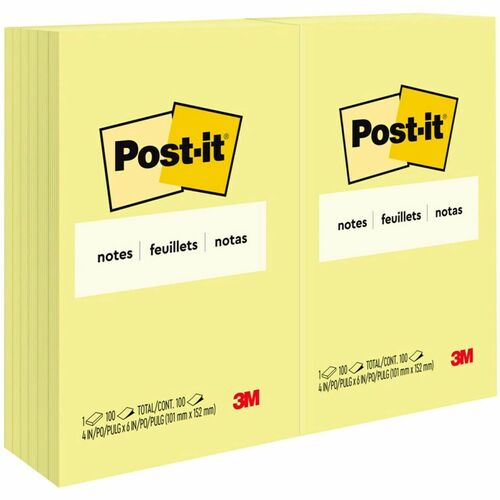 Post-it® Notes Original Notepads - 100 - 4" x 6" - Rectangle - 100 Sheets per Pad - Unruled - Canary Yellow - Paper - Self-adhesive, Repositionable - 12 / Pack - Adhesive Note Pads - MMM659