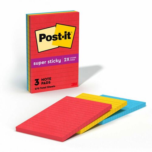 Post-it® Notes Original Lined Notepads -Playful Primaries Color Collection - 270 - 4" x 6" - Rectangle - 90 Sheets per Pad - Ruled - Candy Apple Red, Sunnyside, Blue Paradise - Paper - Self-adhesive - 3 / Pack
