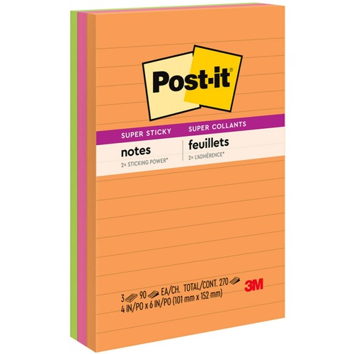 Post-it® Super Sticky Notes - Rio de Janeiro Color Collection - 270 x Assorted - 4" x 6" - Rectangle - 90 Sheets per Pad - Ruled - Assorted - Paper - Self-adhesive, Recyclable - 3 / Pack