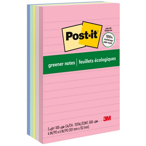 Post-it® Greener Lined Notes - Sweet Sprinkles Color Collection - 500 x Assorted - 4" x 6" - Rectangle - 100 Sheets per Pad - Ruled - Positively Pink, Canary Yellow, Fresh Mint, Moonstone - Paper - Self-adhesive, Repositionable - 5 / Pack - Recycled