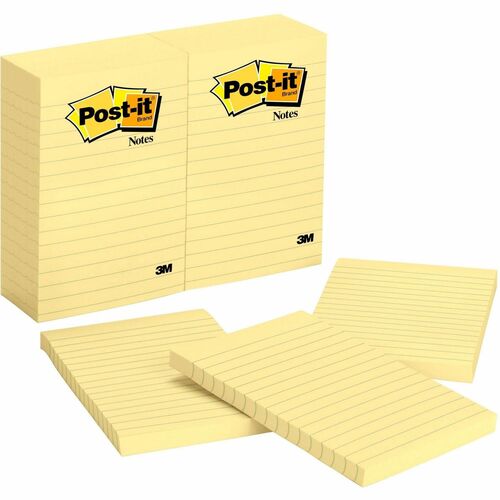 Post-it® Notes Original Lined Notepads - 100 - 4" x 6" - Rectangle - 100 Sheets per Pad - Ruled - Canary Yellow - Paper - Self-adhesive, Repositionable - Adhesive Note Pads - MMM660