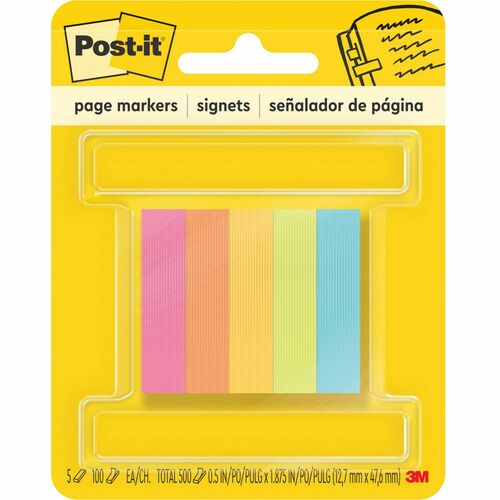 Post-it® Page Markers - 1/2"W - 100 - 0.50" x 2" - Rectangle - Unruled - Bright Assorted - Paper - Removable, Self-adhesive - 500 / Pack - Flags - MMM6705AN