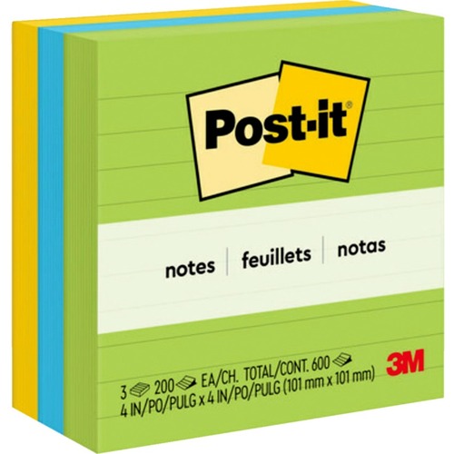 Post-it® Lined Notes in Ultra Colors - 600 - 4" x 4" - Square - Ruled - Ultra Assorted - Self-adhesive, Repositionable - 3 / Pack - Adhesive Note Pads - MMM6753AUL
