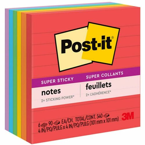 Post-it® Super Sticky Lined Notes - Playful Primaries Color Collection - 540 - 4" x 4" - Square - 90 Sheets per Pad - Ruled - Candy Apple Red, Vital Orange, Lucky Green, Sunnyside, Blue Paradise, Iris Infusion - Paper - Self-adhesive - 6 / Pack