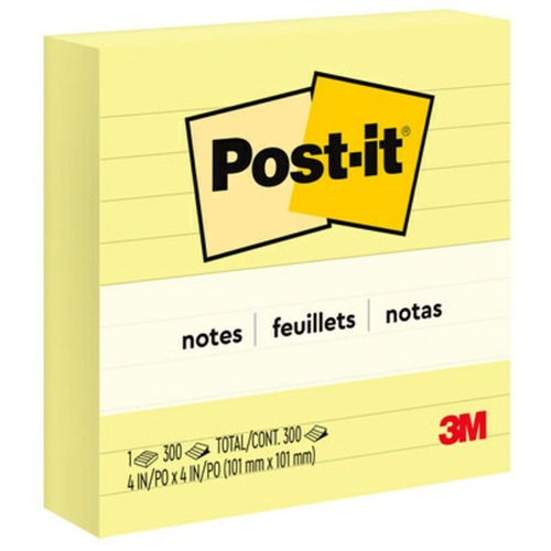 Post-it® Notes Original Lined Notes - 300 - 4" x 4" - Square - 300 Sheets per Pad - Ruled - Canary Yellow - Paper - Recyclable - Adhesive Note Pads - MMM675YL