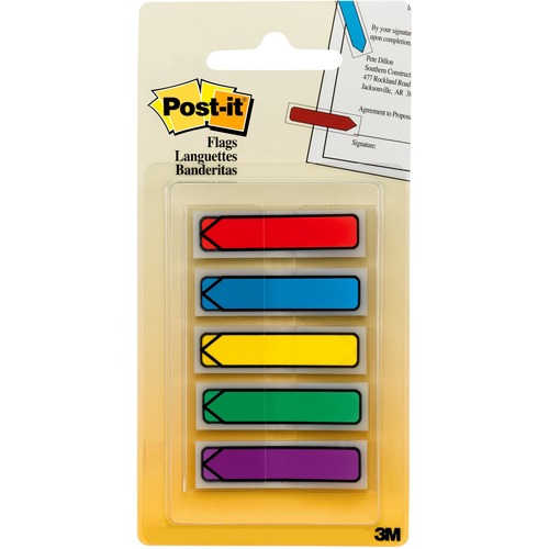 Post-it® 1/2"W Arrow Flags in On-the-Go Dispenser - Bright Colors - 20 x Blue, 20 x Green, 20 x Purple, 20 x Red, 20 x Yellow - 0.50" x 1.75" - Arrow, Rectangle - Unruled - Blue, Green, Purple, Red, Yellow, Assorted - Removable, Self-adhesive - 100 /  - Flags - MMM684ARR1