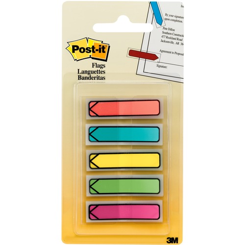 Post-it® 1/2"W Arrow Flags in On-the-Go Dispenser - Bright Colors - 20 x Blue, 20 x Green, 20 x Pink, 20 x Purple, 20 x Yellow - 0.50" x 1.75" - Arrow, Rectangle - Unruled - Assorted, Lime, Orange, Pink, Yellow, Aqua - Removable, Self-adhesive - Flags - MMM684ARR2