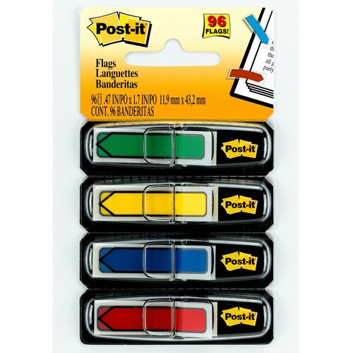 Post-it® 1/2"W Arrow Flags -Primary Colors - 4 Dispensers - 24 x Red, 24 x Green, 24 x Yellow, 24 x Blue - 0.50" x 1.75" - Arrow, Rectangle - Unruled - Blue, Green, Red, Yellow, Assorted - Removable, Self-adhesive, Repositionable - 96 / Pack - Flags - MMM684ARR3