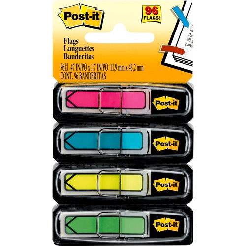 Post-it® 1/2"W Arrow Flags -Bright Colors - 4 Dispensers - 24 x Pink, 24 x Blue, 24 x Yellow, 24 x Green - 0.50" x 1.75" - Arrow, Rectangle - Unruled - Assorted, Lime, Pink, Yellow, Aqua - Removable, Self-adhesive - 96 / Pack - Flags - MMM684ARR4