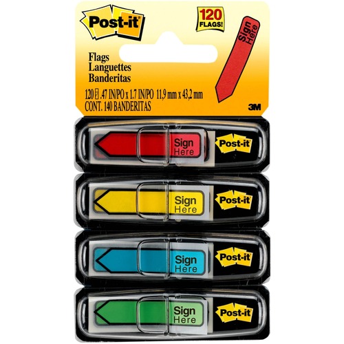 Post-it® Message Flags - 30 x Yellow, 30 x Blue, 30 x Red, 30 x Green - 1/2" x 1 3/4" - Rectangle, Arrow - Unruled - "SIGN HERE" - Blue, Red, Green, Yellow, Assorted - Removable, Self-adhesive - 120 / Pack