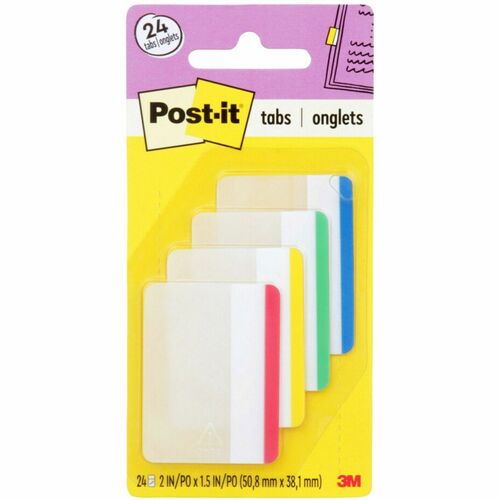 Post-it® Durable Tabs - Write-on Tab(s) - 1.50" Tab Height x 2" Tab Width - Removable - Blue, Red, Green, Yellow Tab(s) - 24 / Pack