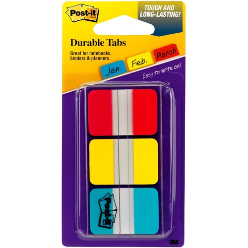 Post-it® Durable Tabs - Write-on Tab(s) - 0.98" Tab Height x 1" Tab Width - Self-adhesive, Removable - Red, Blue, Yellow, Neon Tab(s) - 66 / Pack - Index Tabs & Page Markers - MMM686RYB