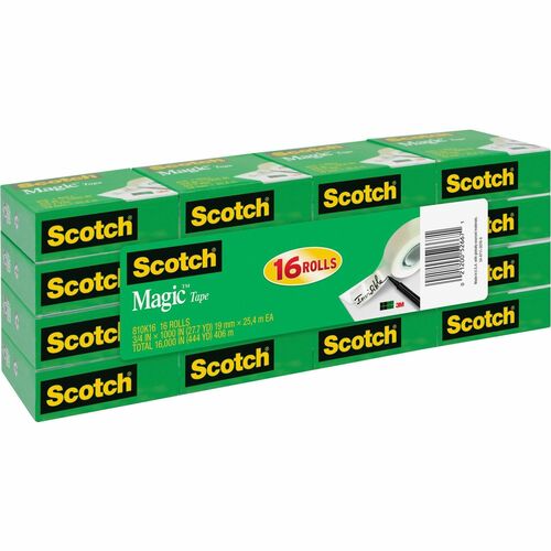 Scotch 3/4"W Magic Tape - 27.78 yd Length x 0.75" Width - 1" Core - Split Resistant, Tear Resistant - For Document, Book, Patching, Mending, Splicing - 16 / Pack - Matte - Clear