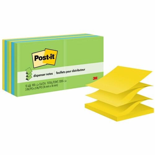 Post-it® Dispenser Notes - 1200 - 3" x 3" - Square - 100 Sheets per Pad - Unruled - Limeade, Citron, Blue Paradise - Paper - Pop-up, Refillable, Self-adhesive, Repositionable - 12 / Pack