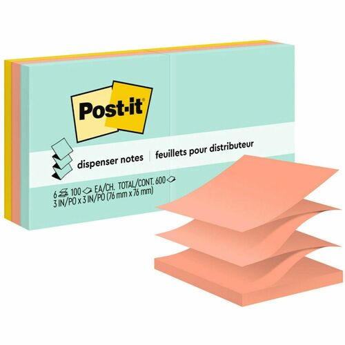 Post-it® Dispenser Notes - 600 - 3" x 3" - Square - 100 Sheets per Pad - Unruled - Green, Pink, Yellow - Paper - Pop-up, Self-adhesive, Repositionable - 6 / Pack